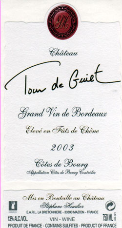 Cuvée 2003 "CHATEAU TOUR DE GUIET FUT DE CHENE"